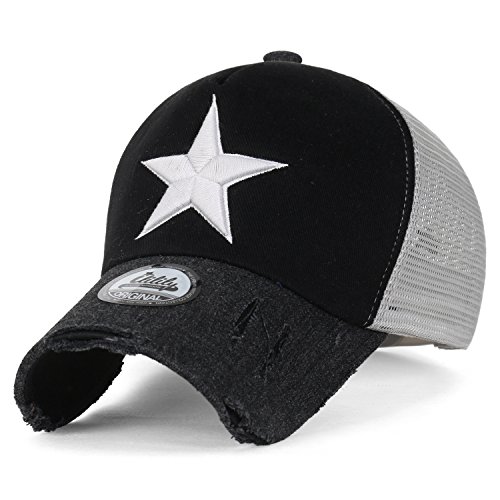 ililily Star Embroidery Black White Trucker Hat Cotton Baseball Cap, Black, Medium