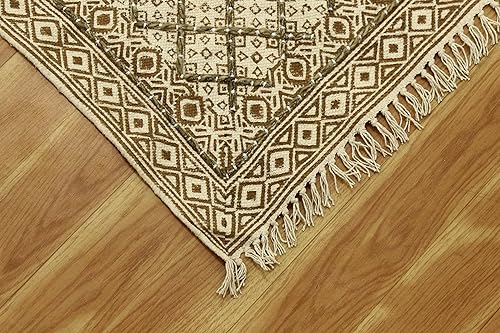 Tapis carré 2,4m marron beige géométrique Dhurrie plat salon - 7