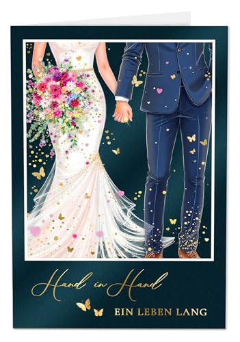 Joli Coon Papeterie Hochzeitskarte Hand in Hand ein Leben lang STARDUST - Premium Hochzeit Glückwunschkarte mit FinePaper Kuvert und echtem Wachssiegel - 17 x 11,5 cm
