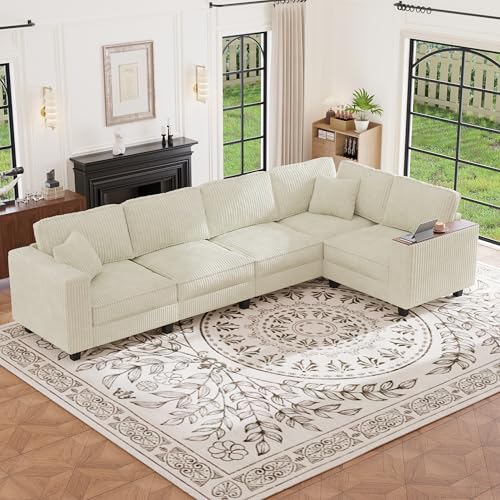 Image of 126 inch L Shaped Sectional Couch, Comfy Corduroy Sectional Couch, Modular Convertible V Shaped Couch, 5 Seat Corner Sofa with 2 Pillows & Storage Armrests for Living Room, Beige
