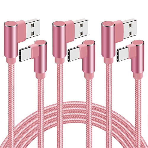 90 Degree USB C Cable 6ft 3 Pack Right Angle Type C Cable Fast Charging Nylon Braided Fast Charge Cord for Samsung Galaxy S9 S8, Note 8, LG G6 G5 V20, Google Pixel(Rose Gold, 6 Feet)