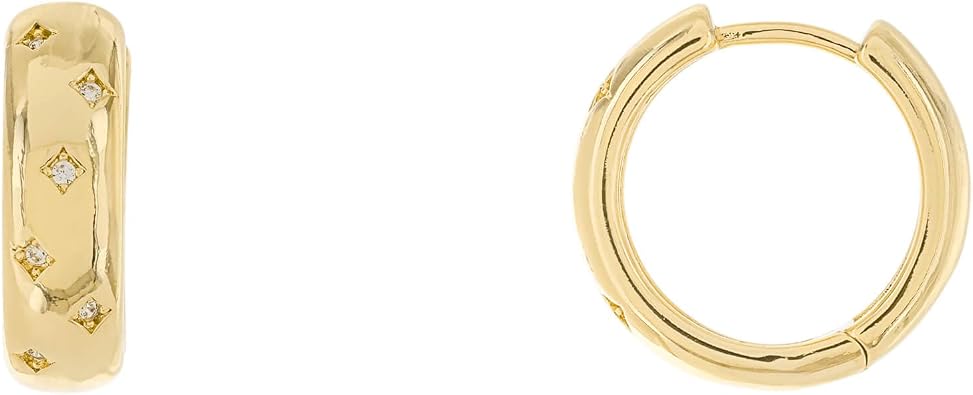 14K Gold Plated 17 mm Diameter Huggie Hoop Earrings - CZ Studded Star Theme Clicker Hoops - Huggies for Women for Her