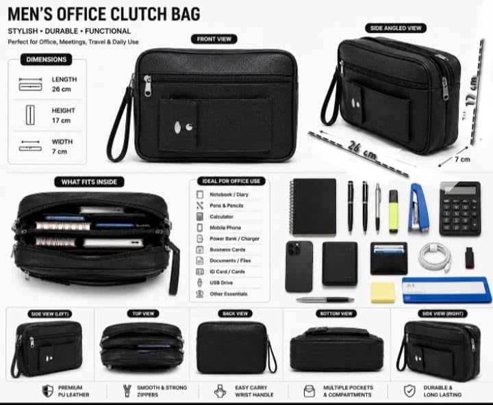 Image of PSH Men's Synthetic Leather Cash Pouch /Money Carrying Multipurpose travel Big Wrist Clutch Business Handbag Sling Document Carry Bag, High-capacity Shop Size- 26x17x7 Cms