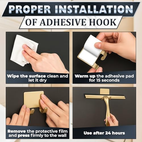 Image of Shower Door Squeegee with Hook - 10 inch Silicone Blade, Stainless Steel Gold Squeegee for Shower Glass with Adhesive Mount - All-Purpose Bathroom Tile, Mirror, & Window Wiper for Streak-Free Cleaning