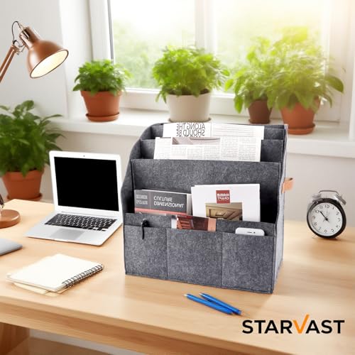 STARVAST 2 Stück Zeitschriftenständer, Modern sammler Faltbarer,Aufbewahrungsständer für große Filz-Zeitungskörbe,abnehmbare 4-lagige Trennwand,3 kleine Außentaschen,Lager für Haus und Büro (Dunkelgr
