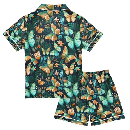 senya Green Butterflies Satin Summer Pajama Sets Silk Short Sleeve Button Down Sleepwear2