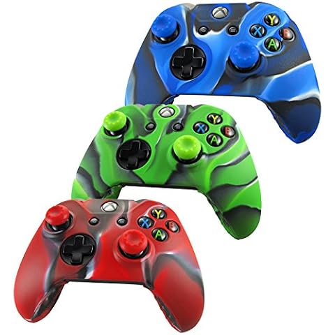 Pandaren® silicone skin for Xbox One controller x 3 + thumb grip x 6 (camouflage red green blue) Cover