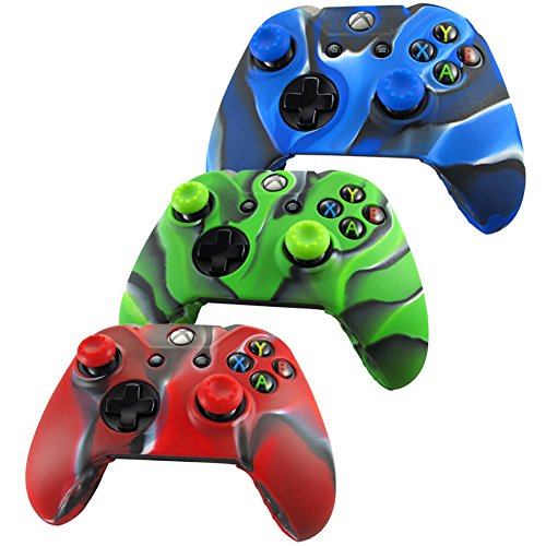 Pandaren® Silikon hülle skin für Xbox One controller x 3 + thumb grip aufsätze x 6(Tarnung rot grün blau)