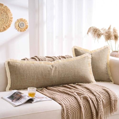 DAPTSY 14x36 Pillow Covers Long Khaki Boho Faux Linen Decorative Fringed Rustic Woven Textured Burlap Lumbar Pillow Covers for Bed Sofa Bedroom Living Room Home Decor Cushion Cover Pack of 1 by DAPTSY - Used condition - Image 2