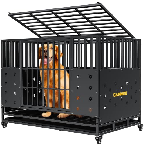Cammoo 48'' Heavy Duty Dog Crate for Large Dogs, – Upgraded Chew-Proof Panels, Comfort-Widened Floor Panel, Dog Kennel Indoor, Adjustable Internal Height, Easy-Access Wide Door, 4 Lockable Wheels