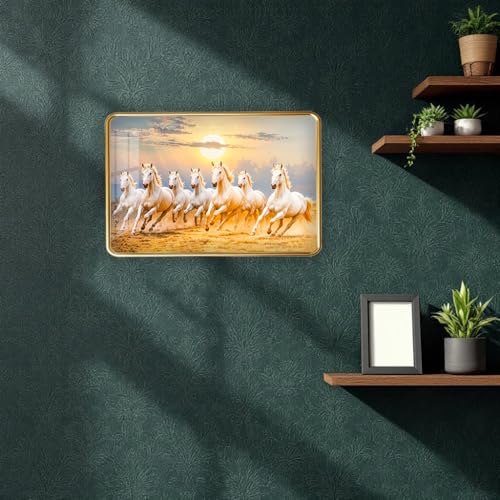 Image of Dharvika Innovations 7 Running Horses Photo Frame, Ultra High Gloss Lamination, Vastu Painting for Living Room, Office, 12x18 Inch (Design 15)