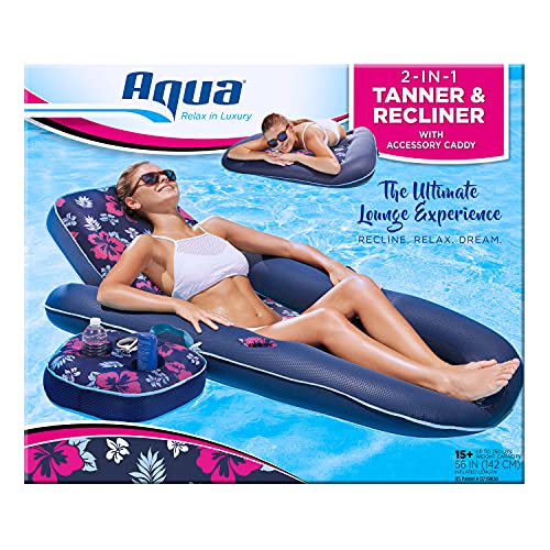 Aqua Campania Ultimate 2 in 1 Recliner & Tanner Pool Lounger with Adjustable Backrest and Caddy, Inflatable Pool Float, Navy Hibiscus (AQL14856AZ)