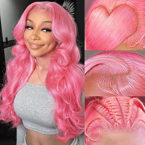 Image of Pink Human Hair Wig Body Wave 20 Inch Light Human Hair Wig 200% Density Wig | 13x4 UHD Lace Front Human Hair Wigs Pre Plucked Pre Cut Pink Wigs 100% Virgin Human Hair Glueless Body Wave Wigs For Women