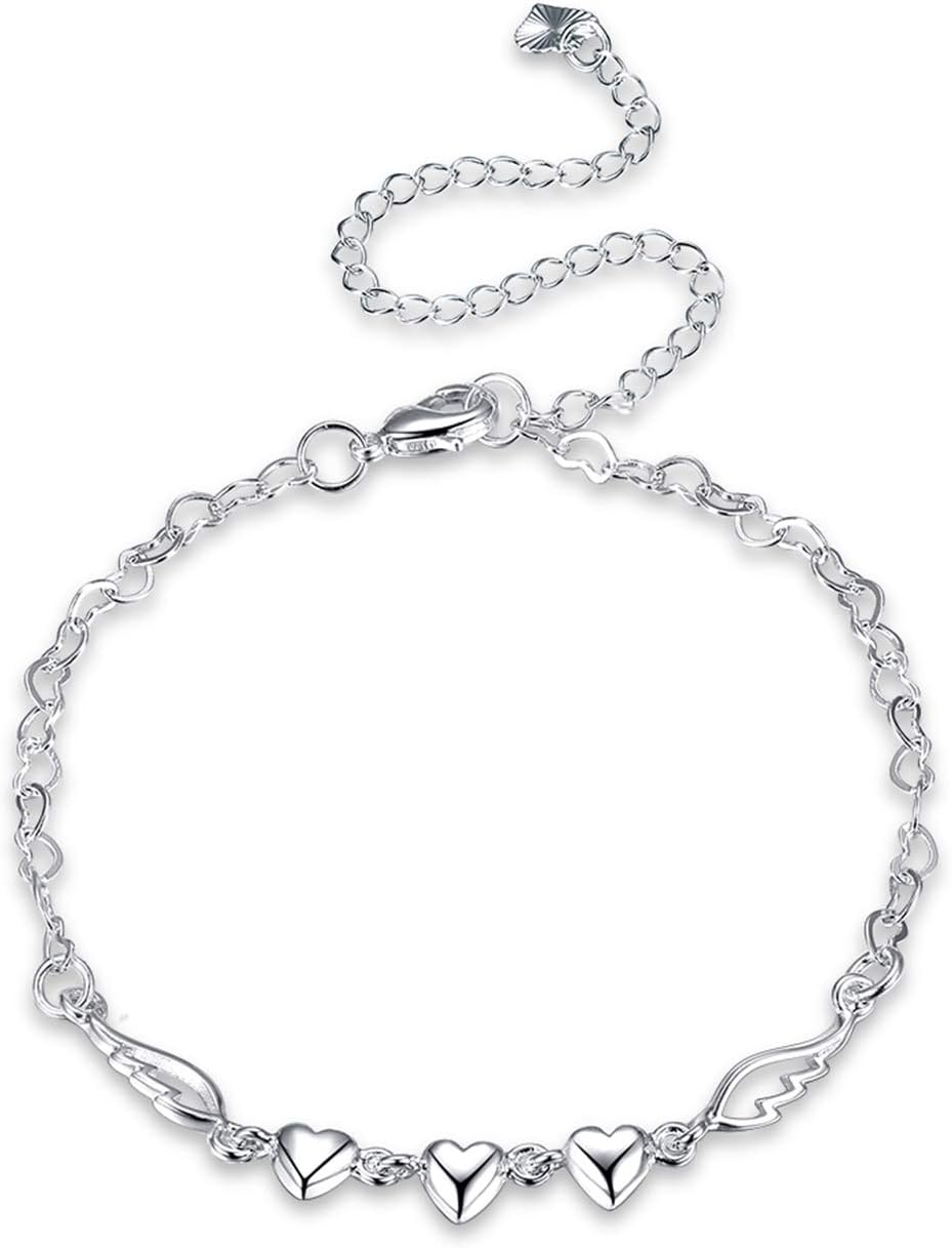 Fashion Jewelry 925 Sterling Silver Love Heart Angel Wings Chain Anklet