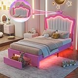 Linique Twin Size Upholstered Bed Frame with LED Lights, Modern Upholstered Princess Bed with Crown Headboard, a Drawer, Pink+White