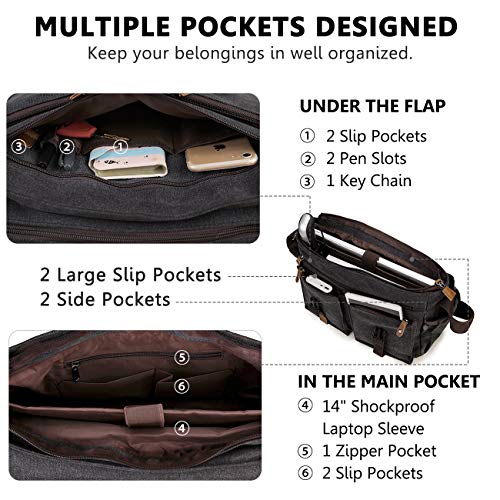 Messenger Bag for Men,VONXURY Water Resistant Vintage Canvas Satchel 14 Inch Laptop Briefcase Shoulder Bookbag for Business Work - Thumbnail 4