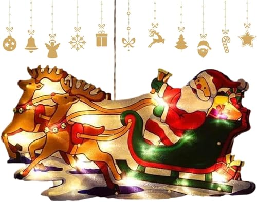 Image of K D Christmas Tree Decoration Santa with Reindeer Warm Yellow | Window Hanging LED Light | Warm Yellow Xmas Decoration Lamp | | Christmas Reindeer Light