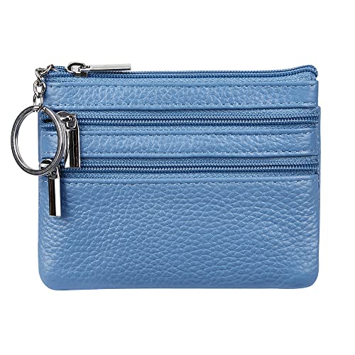 Carteira feminina de couro genuíno com chaveiro, Azul-celeste, One Size, Bolsas