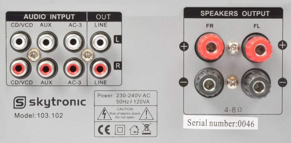 Ẹyìn view of the Skytronic Stereo Karaoke Amplifier showing audio inputs and speaker outputs.