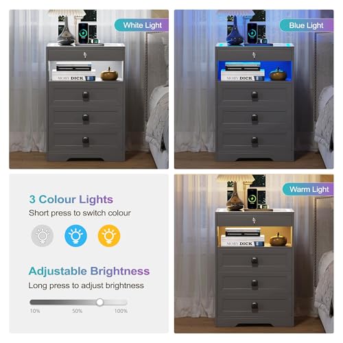 Lvifur LED Nightstand with 3 Drawers, Glass Top Bedside Table with Wireless Charging Station, Modern Night Stand with Auto Sensor, Bedroom Smart End Table (Grey)