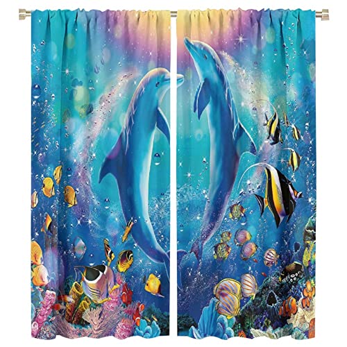 Kids Dolphin Window Curtains, Underwater Tropical Fish Coral Ocean Theme Animal Sea Life Decorative Curtain Window for Boys Girls Toddler Bedroom Living Room 42x54in