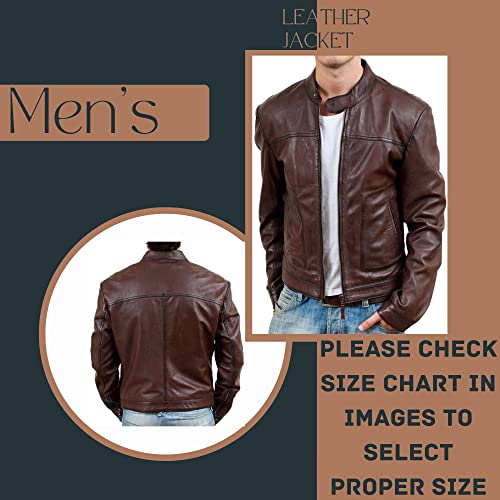 Image of Men Biker Retro Brown Leather Motorcycle Jacket Genuine Leather Jacket