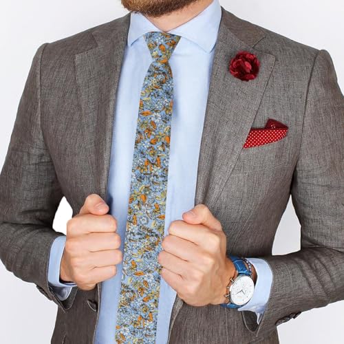 Image of Mantieqingway Men's Skinny Tie, Cotton Floral Ties for Men Wedding Necktie for Groom, Groomsmen, Missions, Dances