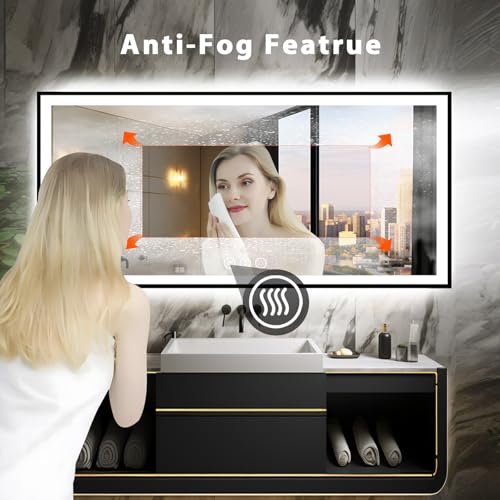 88x38 Large Light up Bathroom Mirror, Wall-Mounted LED Vanity Mirrors, Black Trim and Double Lights, 3 Colors and Stepless Dimming, Anti-Fog, Memory, Shatterproof (Horizontal/Vertical)