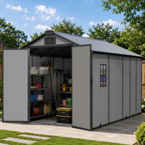Image of 8x12 FT Resin Outdoor Shed with Floor & Skylight, Large Resin Shed