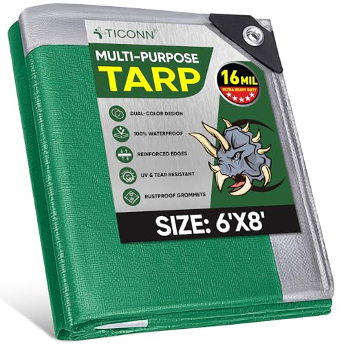 TICONN Heavy Duty Tarp Cover, Extra Thick Tarps Waterproof Tear and Rip Proof UV Resistant Tarpaulin with Reinforced Grommets and Edges (16 Mil, 6'x8') Green-16 Mil 6'x8'
