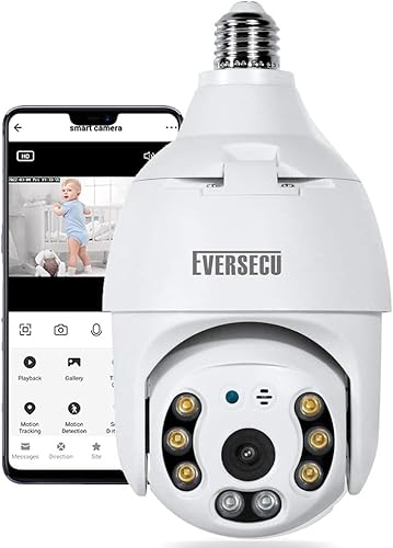 EVERSECU Cámara de seguridad PTZ inalámbrica 2K 4.0MP con conector de luz E27, seguimiento automático de movimiento, audio de 2 vías, visión