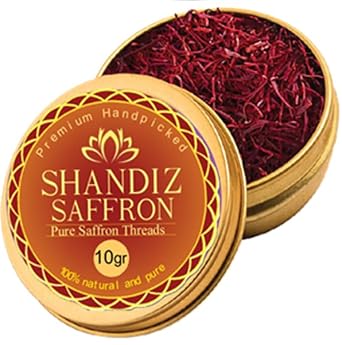 Shandiz Saffron, Pure Super Negin, All Red Saffron Threads, No Preservative, Non-GMO Verified, Saffron Spice use on Rice, Risotto, Teas, Pollo, Salmon, and Desserts, and used on all Culinary. 10 Grams