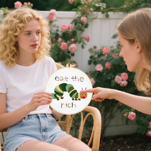 Image of Hungry Caterpillar Embroidery Kits for Beginners Adults, Cute Embroidery Starter Kits, Counted Cross Stitch Kits for Beginners DIY Craft Kits for Adults Women, Embroidery Hoop, Thread & Video Tutorial
