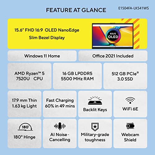 Image of ASUS Vivobook Go 15 (OLED), AMD Ryzen 5 7520U, 15.6 inch (39.62 cm) FHD OLED, Thin & Light Laptop (16GB /512GB SSD /Windows 11 /Office 2021 /Backlit Keyboard /Silver /1.63 kg), E1504FA-LK541WS