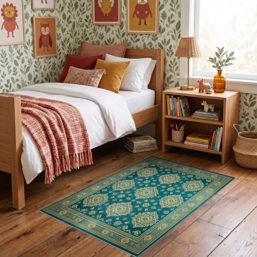 ODIKA 3'x5' Teal Blue Vintage Gold Distressed Boho Ultra-Soft Throw Mat