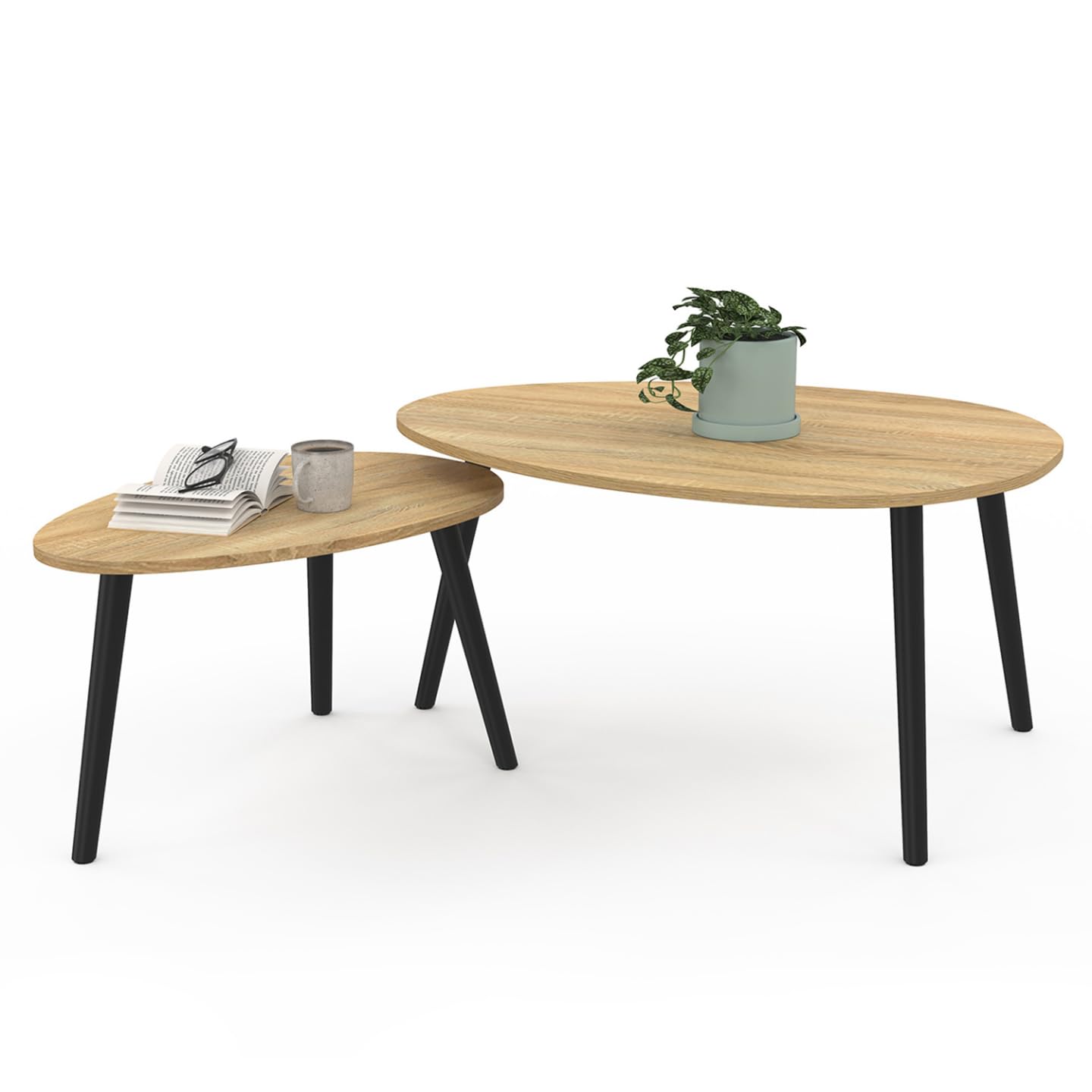 IDMarket - Juego de 2 mesas de café Gaia, madera y patas negras, escandinavas