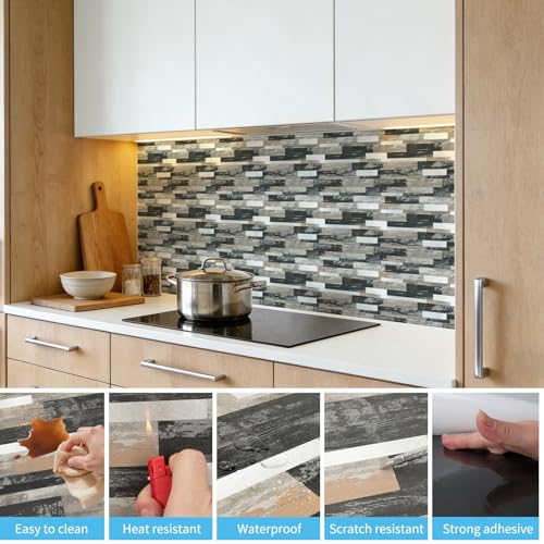 Image of Art3d Faux Stone Peel & Stick Backsplash Tile, 10 pcs, Distressed Wood