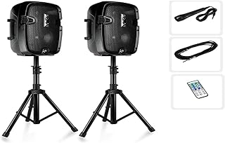 Wireless Portable PA Speaker System - 700 Watt High Powered Bluetooth Compatible Active & Passive Pair DJ Outdoor Sound Speakers w/ Subwoofer. AUX, Mount, 2 Stands, Microphone, Remote - EUPPHP849KT