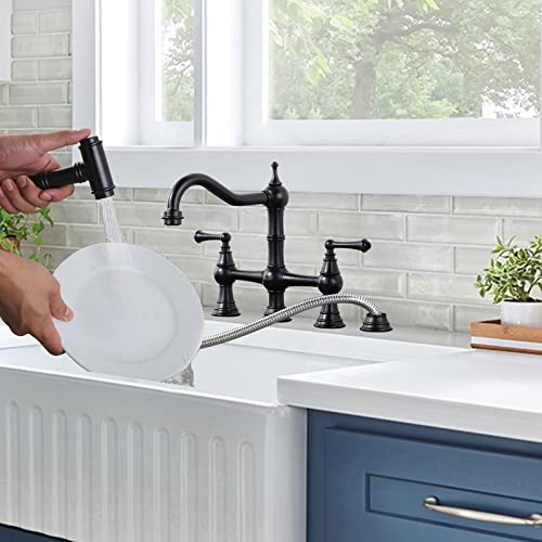 Wowow Brass Kitchen Faucet With Side Sprayer, 8 Inch Centerset Bridge Faucet For Kitchen Sinks, 4 Hole Kitchen Faucet Bronze Vintage Farmhouse Kitchen Sink Faucet, Oil Rubbed Bronze Kitchen Faucet #TOP1