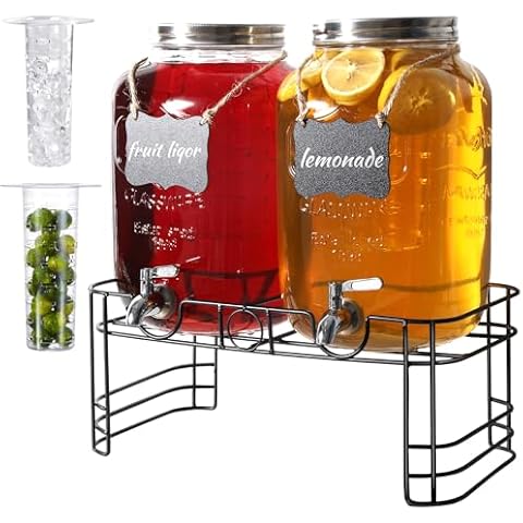 2 Gallon Drink Dispensers for Parties, 2 Pack Beverage Dispensers with Stand, Glass Water Jug Dispenser, with 18/8 Stainless Steel Spigot, Great for Party, Wedding, Picnic, BBQ Cover