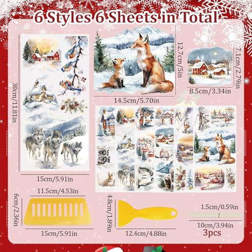 WANDIC 6PCS Winter Snow Scenery Rub On Transfer Stickers for DIY Scrapbooking Photo Furniture Windows, 15*30cm - Image 2
