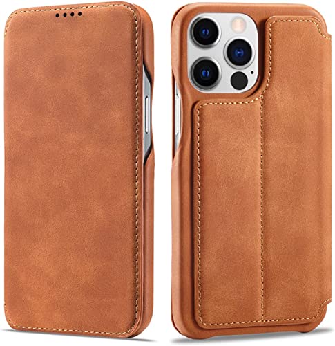 Étui portefeuille pour iPhone 14 Pro Max marron avec fentes cartes
