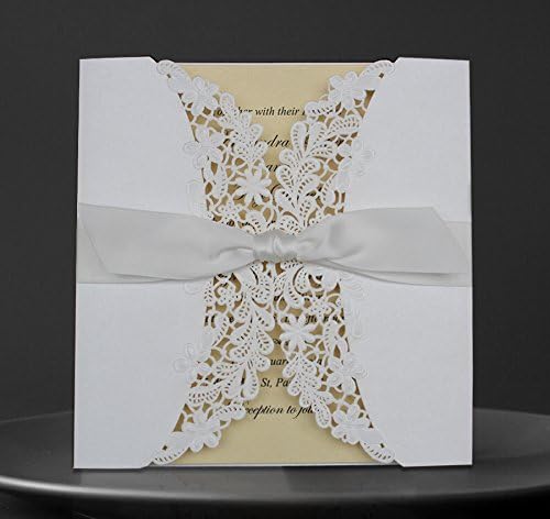 50 pcs White and Lemon Wedding Invitation; Ribbon Bow Lace Wedding Invitation Design - Set of 50pcs