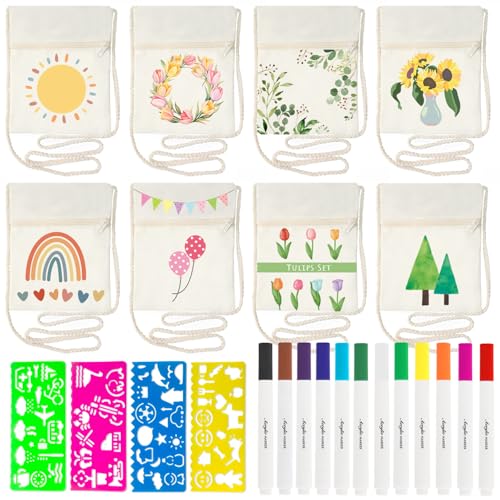 Taschen zum Bemalen für Kinder - 8 STK Kindergeburtstag Set Stoffbeutel Stofftaschen Textilien zum Bemalen Umhängegeldbeutel Kinder DIY Malschablonen Farbige Stifte