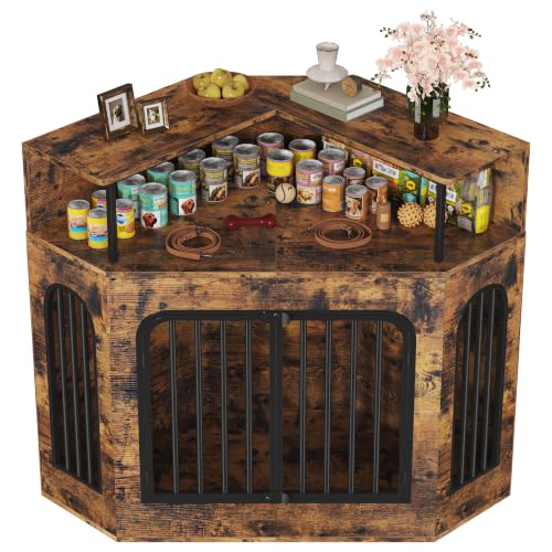 kepptory 46" Corner Dog Crate Furniture, Space Saving Wooden Dog Kennel with TV Stand & Side Table, 200 lbs Weight Capacity, Pet Cage with Secure Lock, Easy Assembly Indoor Crate