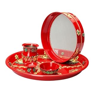 Karwachauth Pooja Thali with Kalash Plate Decorative Puja Thali with Essential Pooja Articles for Housewarming Aarti Pooja Rituals Indian Traditional Navratri Puja Diwali Festival(Thali Size-10)