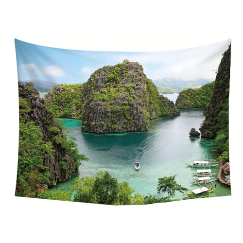 Tapiz de pared con paisaje de montañas y ríos RDSGYZ de 150 x 150 cm para salón 5
