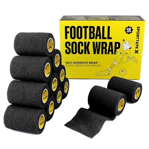 12 Rolls SPORTTAPE Cohesive Bandage | Self Adherent Vet Wrap - 7.5CM x 4.5M - Black | Football Sock Wrap & Shin Guard Tape for Wrist & Ankle Sprains, Swelling & Compression