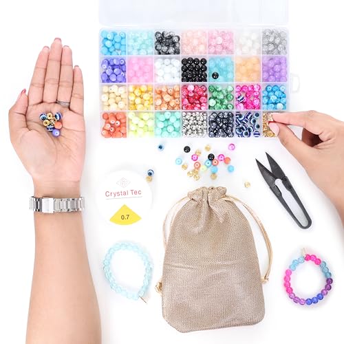 Image of ambitieux DIY Bracelet Making Kit - 24 Colorful Beads, 10m Elastic Thread, Jute Bag, and Cutter - Gift for Girls Birthdays (Glass Beads 3)