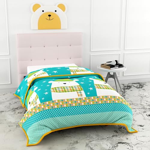 Image of LORETO - A QUALITY LINEN BRAND 100% Cambric Cotton Single Dohar 58 x 88 Inches, 3-Layer Lightweight AC Blanket with Soft Cotton Flannel Filling, Breathable Summer Quilt, Reversible, Teal Cozy Bear